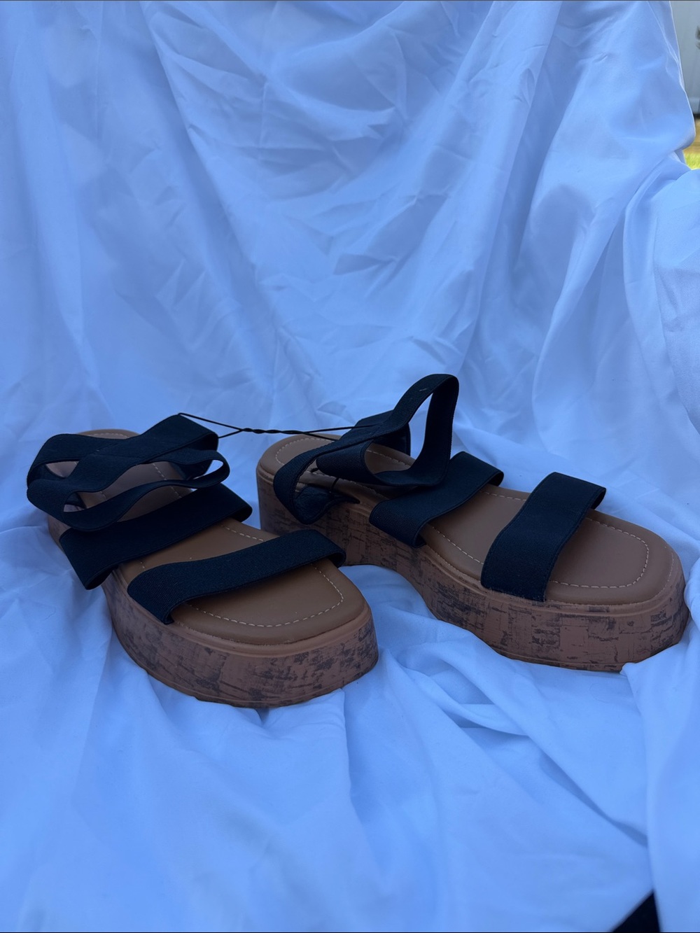 Charlotte Russe Black Elastic Strap Platform Sandals with Brown Cork-Style Sole